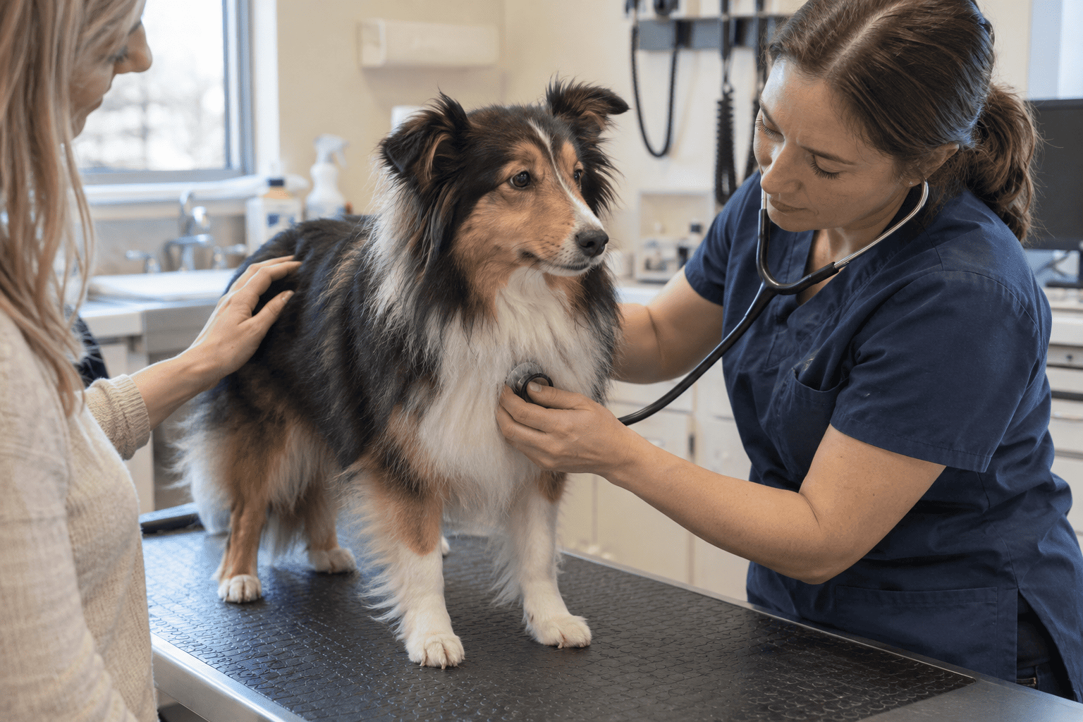Veterinár vyšetruje psa po zákroku a hovorí s jeho majiteľom.